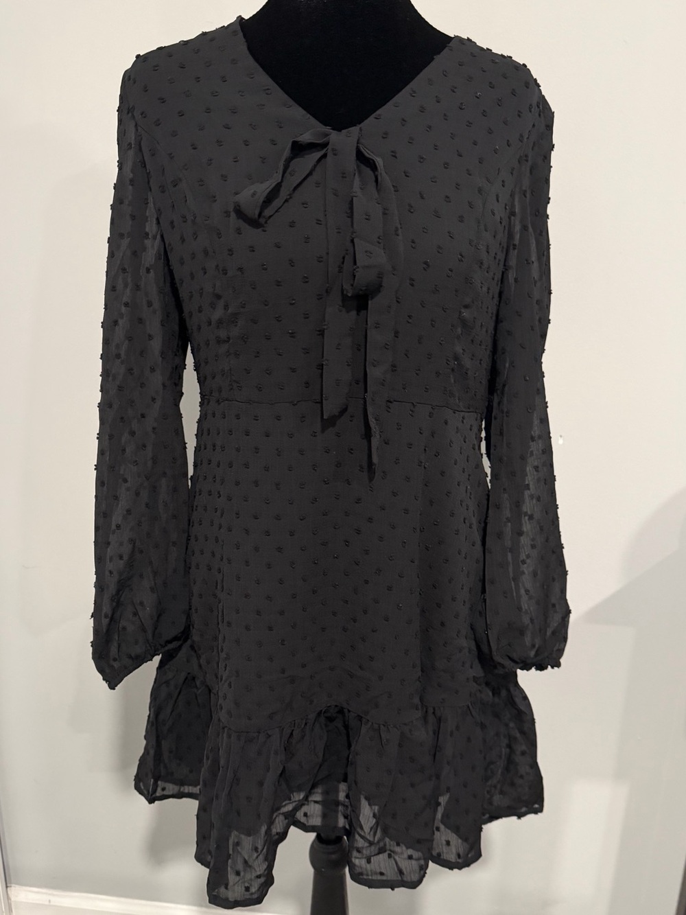 Allegra K Black Swiss-Dot Long Sleeve Tie-Neck Dress